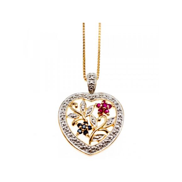 925 STERLING SILVER GOLD PLATED RUBIES & SAPPHIRES CHAIN WITH PENDANT ITALY